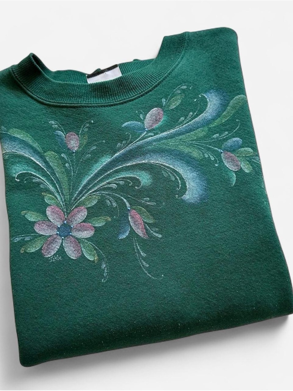 Vintage 1990s Green Floral Painted Crewneck Sweater L